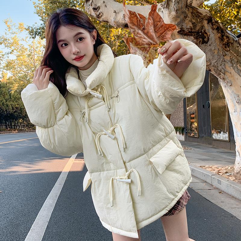 New Cotton Coat for Women Short Fashionable Horn Button Bread Suit Winter Loose Stand Collar Thickened Cotton Jacket