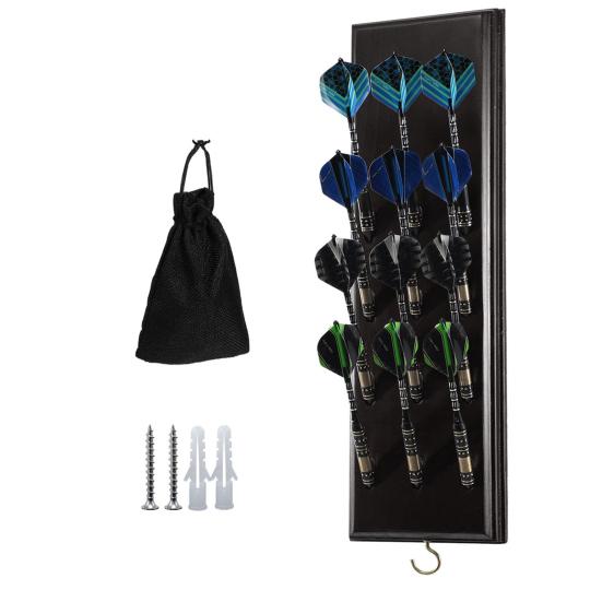 Wall Mounted Dart Holder Wooden Dart Caddy 12 Tip Dart Stand Display Rack with Metal Hook And Accessory Storage Bag