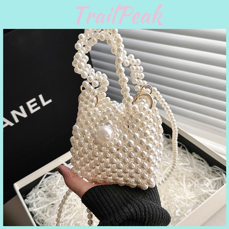Water Pvc Compact Bucket Bag With Pearl Chain And Lock Closure For Wear Casual
