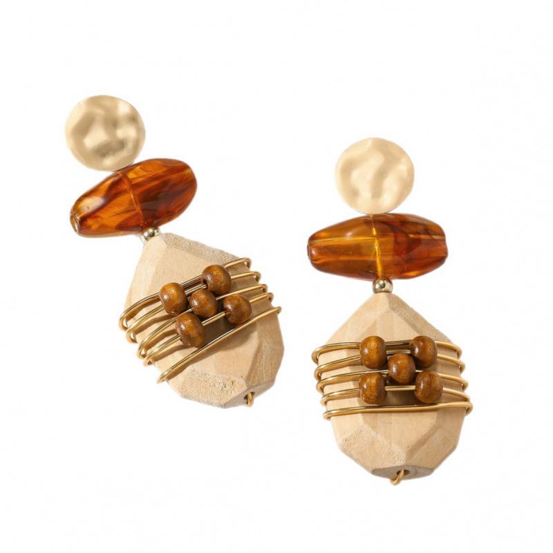 Accessories European and American Style Wooden Earrings, Gold Silk Thread Winding Earrings, Light Luxury Niche Retro Medieval Earrings