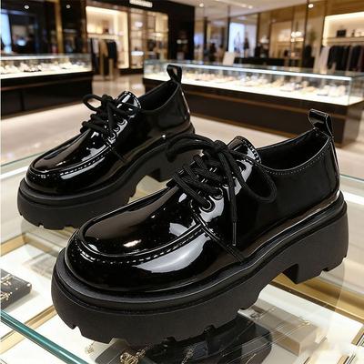 Black Thick-heeled Lace-up Loafers Women's 2025 Autumn New Platform British Style Small Leather Shoes Heightening Muffin Single Shoes