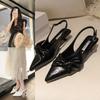 2025Luxury Pointy  Women's Bowknot Slingback Kitten Heels Black Pointed Toe Satin Slip On Low Heels Casual Dress Shoes