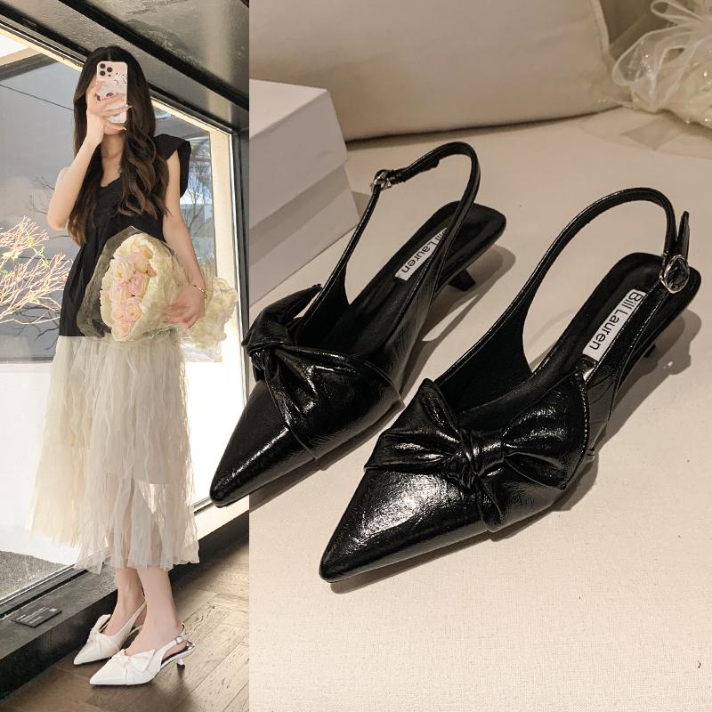 2025Luxury Pointy  Women's Bowknot Slingback Kitten Heels Black Pointed Toe Satin Slip On Low Heels Casual Dress Shoes