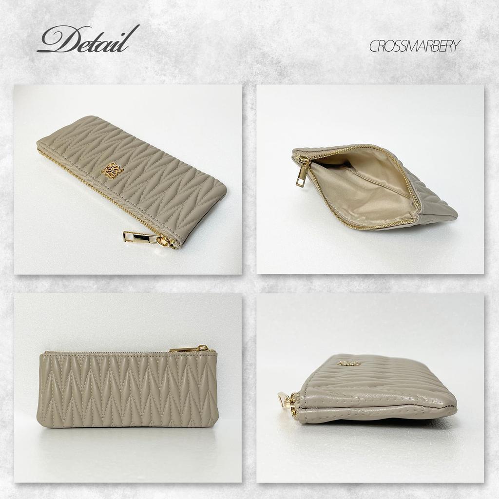 Crossmarberry Quilted Pencil Case for Zipper Synthetic Easy to R119 Greige Simple, Slim, Women, Closure, Lightweight, Compact, 19cm, Leather, Use,