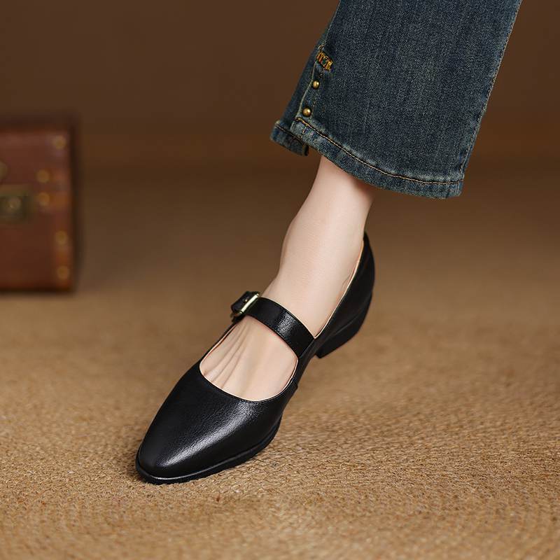 Krazing Pot Sheepskin Autumn Winter Shoes Buckle Straps Low Heels Mary Janes Size 40 Round Toe Brown Color Pumps