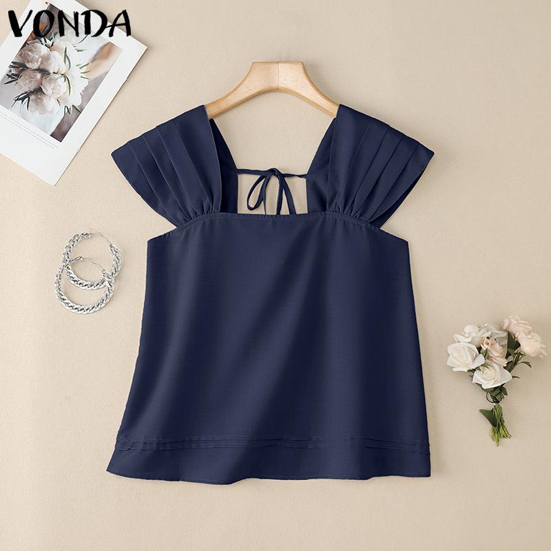 VONDA Women Square Collar Casual Pleated Short Sleeve Blouse Tops