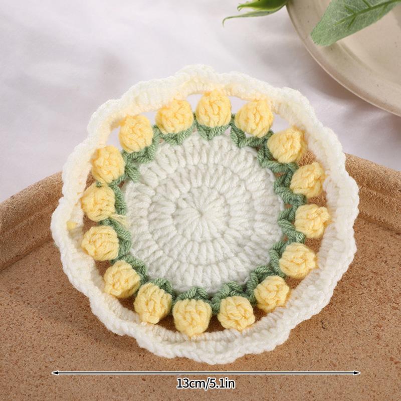 Creative Crochet Round Coasters Handmade Reusable Insulation Pads INS Style Hand-knitted Sunflower Cup Pad Desktop Decoration