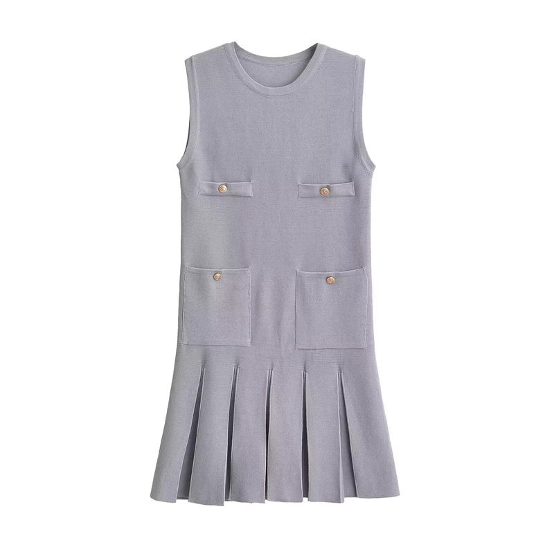 Summer New Product Women's Clothes American Pleated Decorative Sleeveless round Neck Knitting Mini Short Dress 3859025
