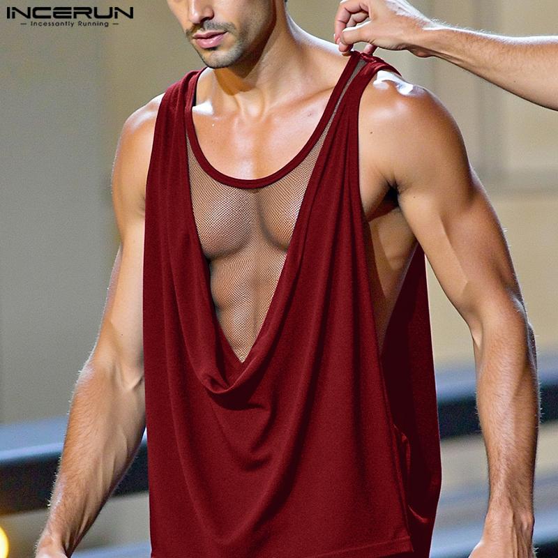 INCERUN Men Low Cut Swing Collar Sleeveless Mesh Patchwork Long Tank Tops Pajamas