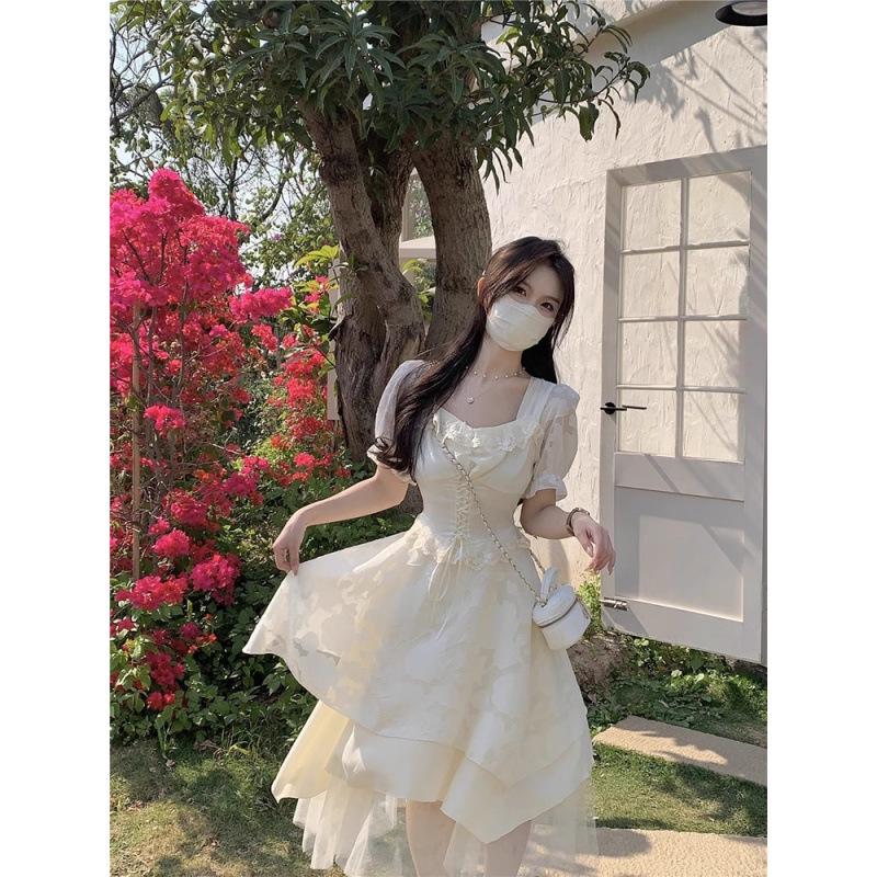 Summer French-Inspired Short-Sleeved Dress: Waist-Slimming, Tea-Length, Sweet Long Skirt
