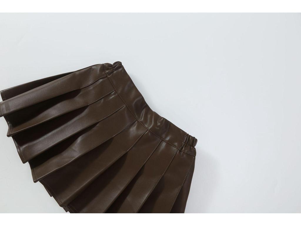 Schwarzer PU-A-Linien-Faltenrock für Mädchen mit hoher Taille und Hose für Herbst und Winter