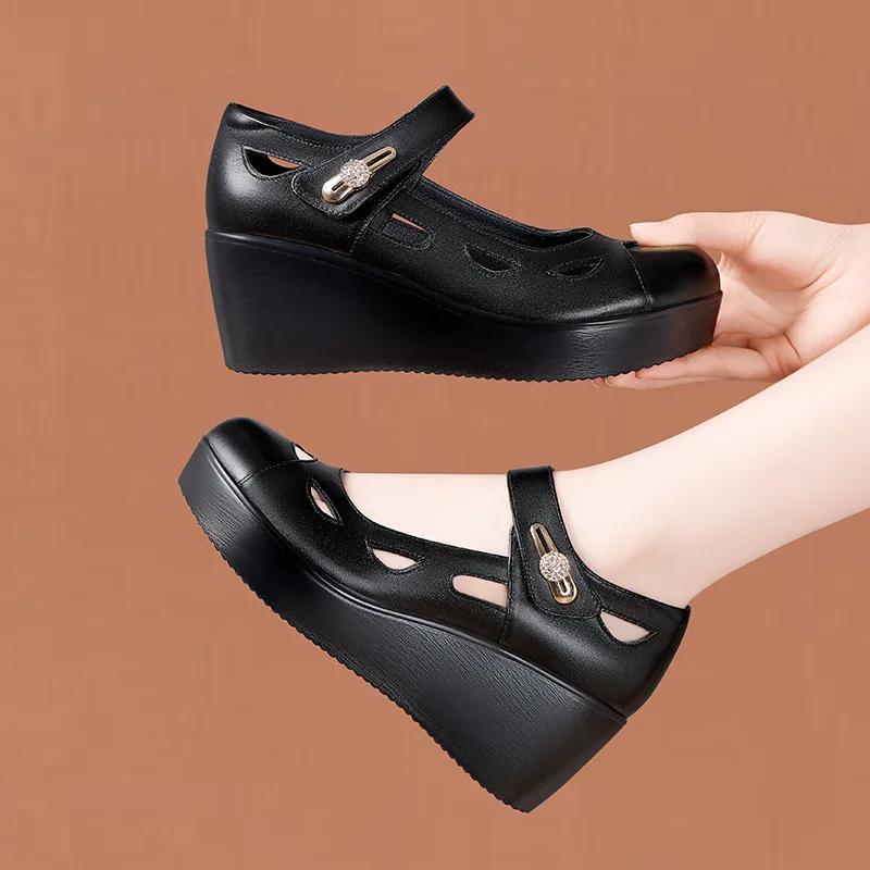 6cm Tamanho Pequeno 33-43 Confortável Couro Macio Boca Rasa Sapatos de Plataforma Outono 2025 Salto Médio Cunhas Sapatos Mulher para Escritório Mãe