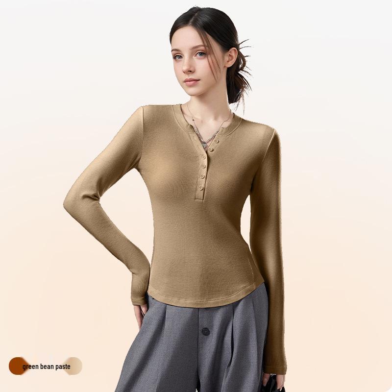 

2025 A/W V-neck German Velvet Women s Slimming Long Sleeve Top with Buttons - Korean Style L (115-130 jin)