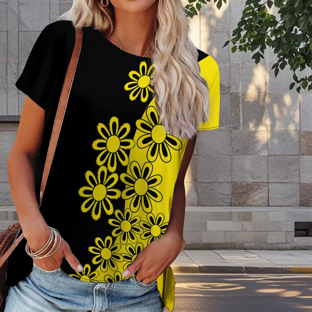 Women Summer T Shirt Flower Print Retro Fashion Short Sleeve Tees Casual   Printed  Tops