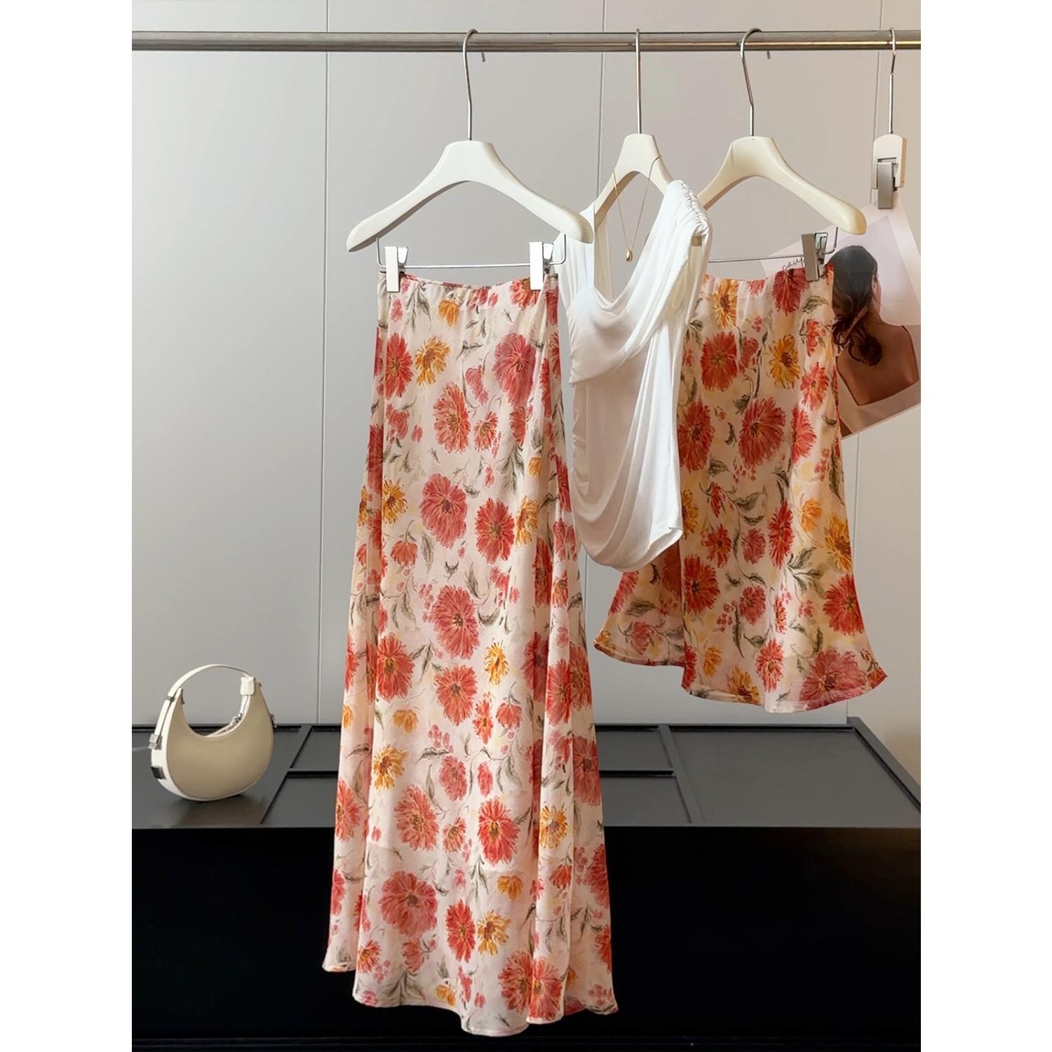 Women s Floral Print Mermaid Midi Skirt High Waist A Line Casual Elegant Skirts M