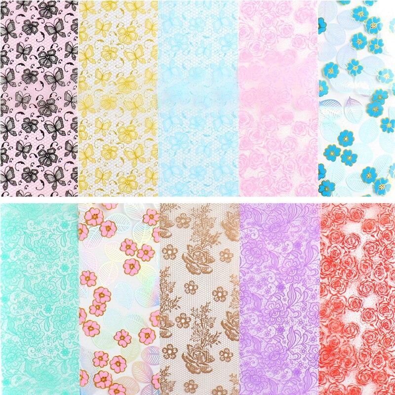 10ks/sada Fólie na nehty Květinová krajka Leopard Mramor Samolepky na nehty Obtisky Starry Sky Paper Nail Art Dekorace