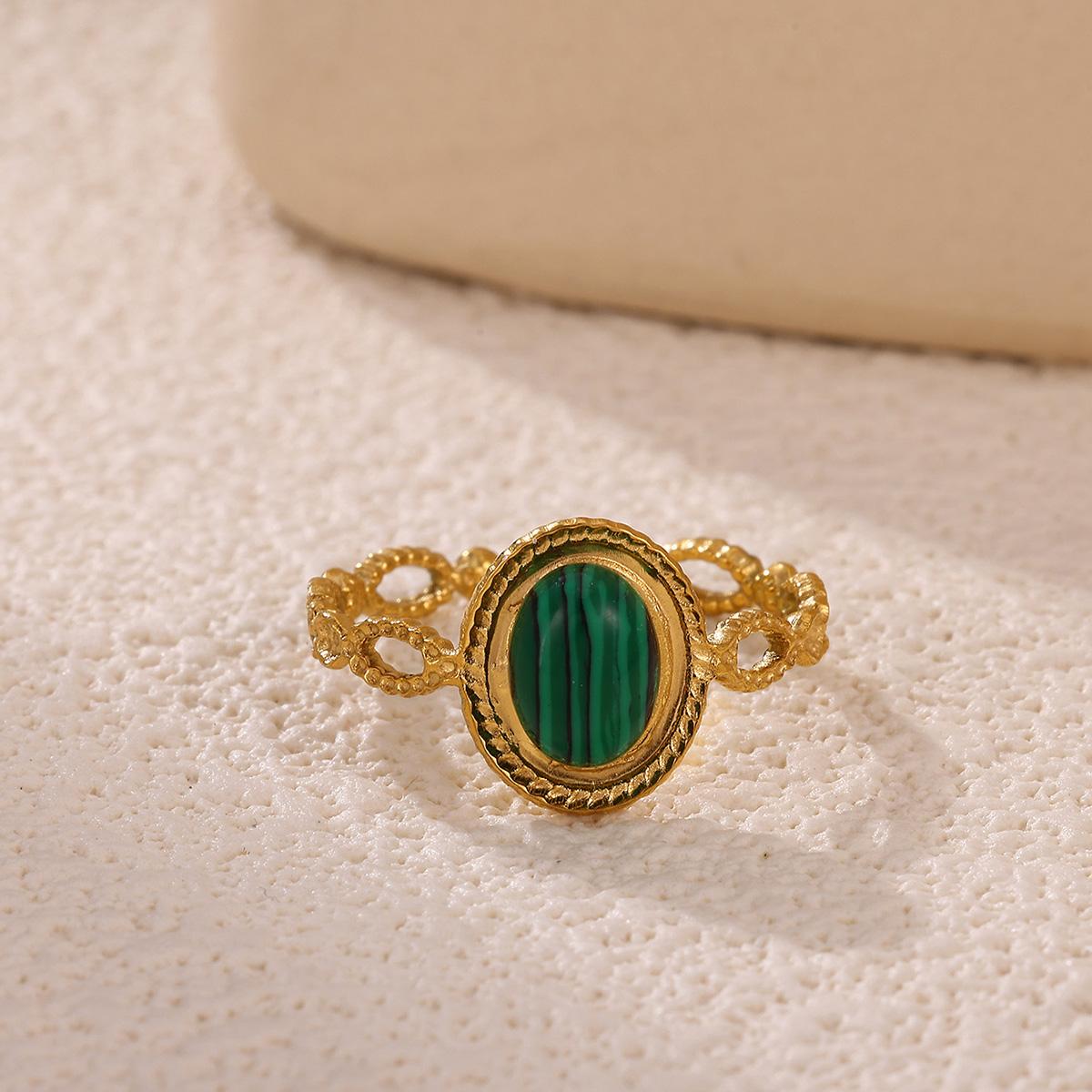 

Anillos Green Stone Vintage For Women Gold Color Stainless Steel Waterproof Rings Leaves Flower Wide Ring Jewelry Party New Gift resizable