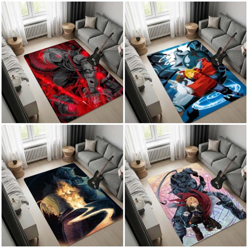 Fullmetal Alchemist Dark Anime Rug, Edward Elric Red Transmutation Circle Print Carpet, Black Red Game Room Floor Mat