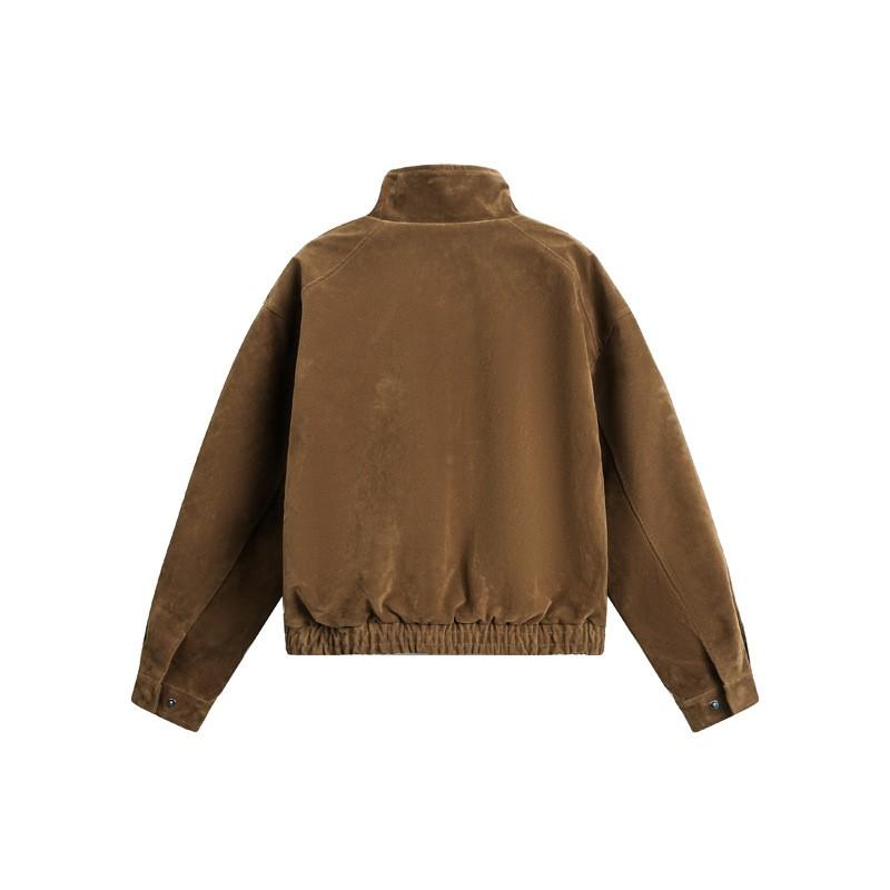 Unisex Suede Fleece Lined Stand Collar Zipper Jacket Streetwear Short Cropped Outerwear Fall