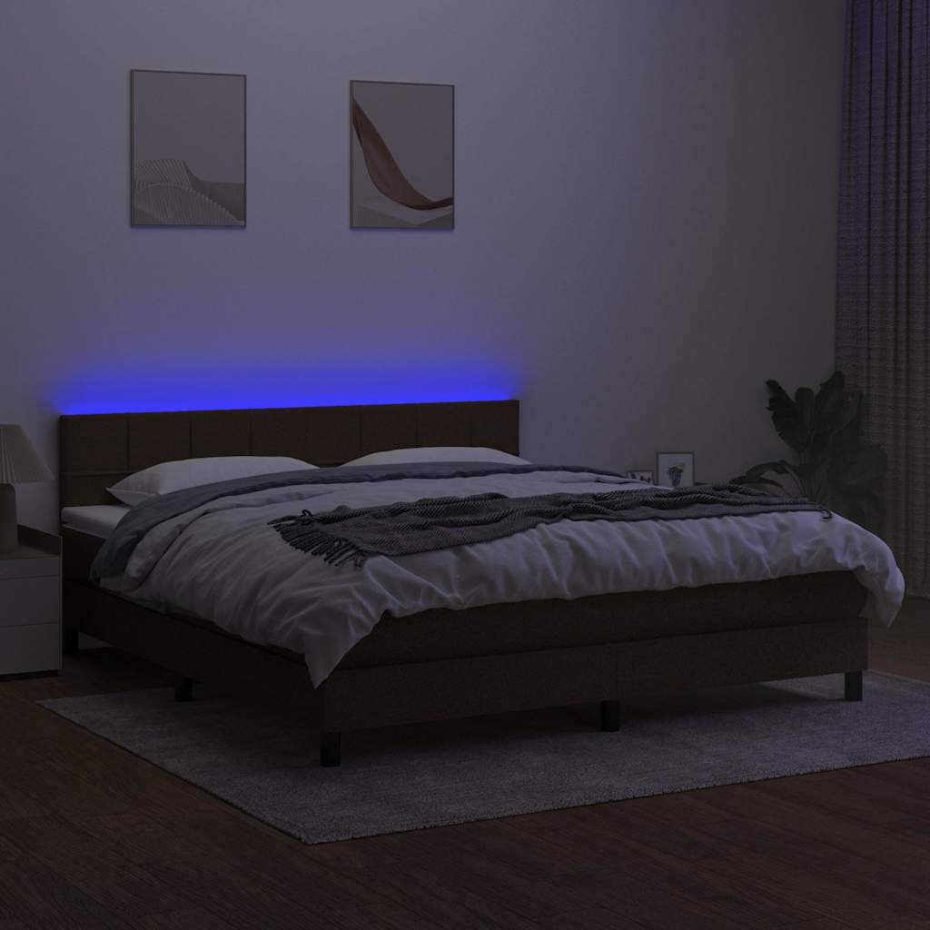 Box Spring Bed with Mattress & LED Dark Brown 160x200 cm Fabric
