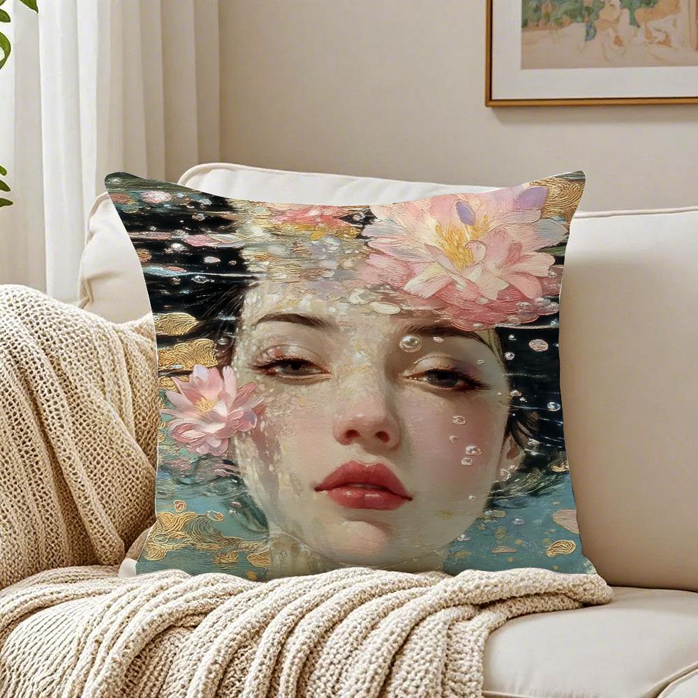 Art KKlimt oil painting style illustration Cushion Cover Linen Pillowcase Soft for Sofa Bed Home Room Decor