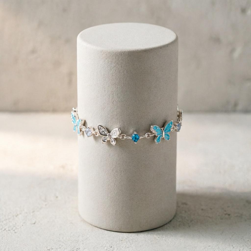Vintage Fashionable Thick Silver-Blue Butterfly Charm Bracelet Pull-On Silver Plated Copper Alloy High-End Elegant Women's Hand