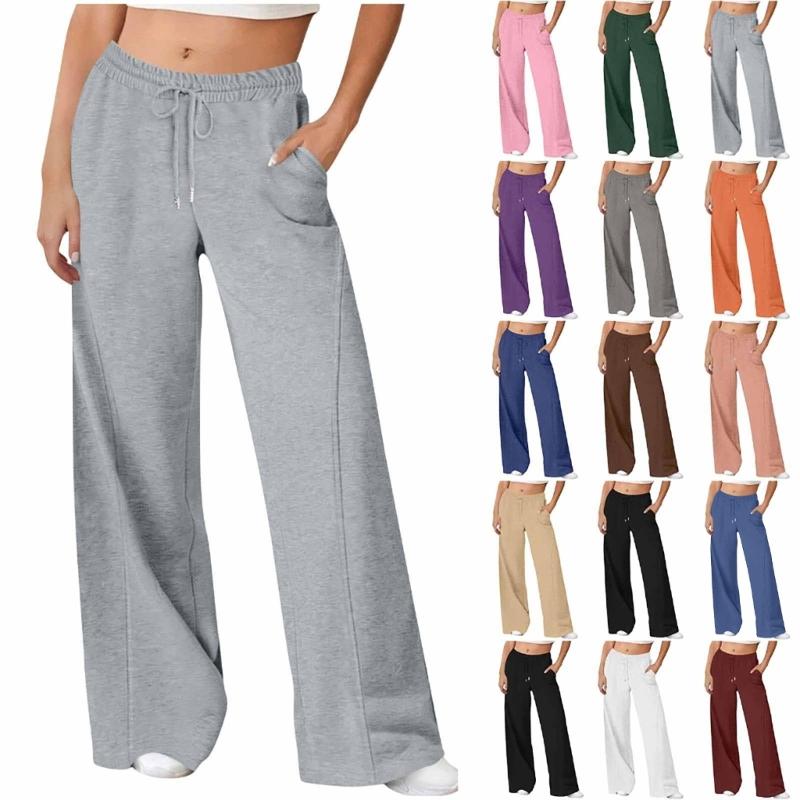 Women's Casual Wide Leg High Waist Pants Including Elastic Drawstring And Side Pockets For Lounging And Daily Activity