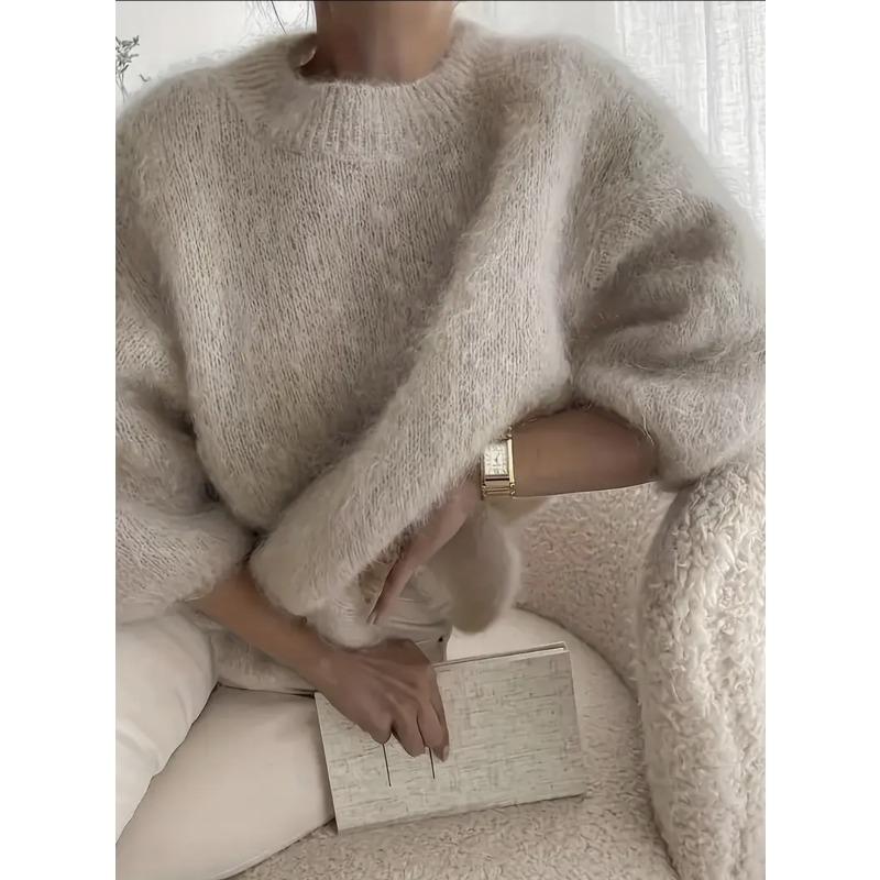 Women European Style Solid Color Loose Lazy Casual Thick Knit Sweater