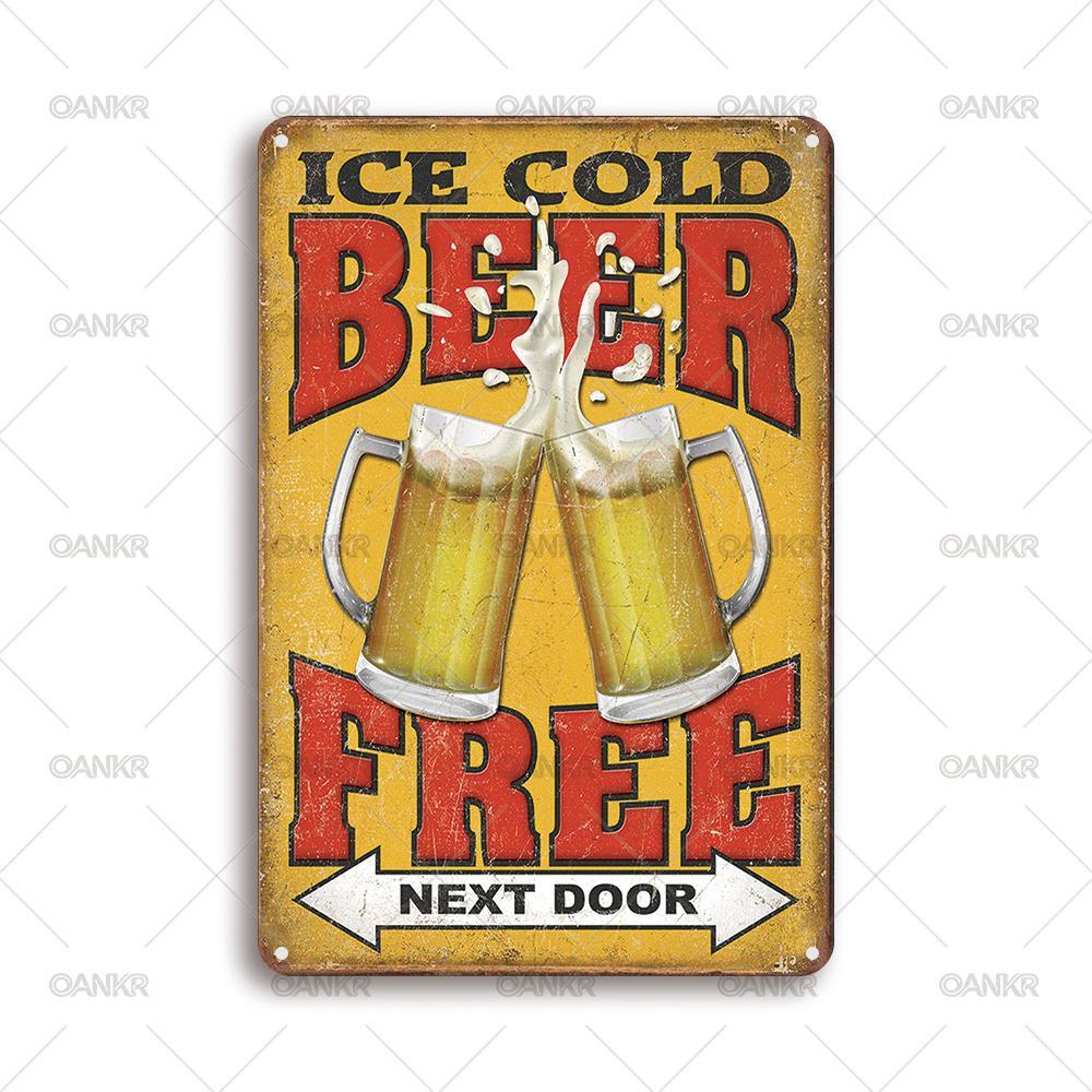 

Vintage Art Beer Poster Metal Tin Sign Ice Cold Beer Free Next Door Posters Metal Signs for Pub Bar Home Wall Decor Plaque 20x30cm（7.8x11.8inch）