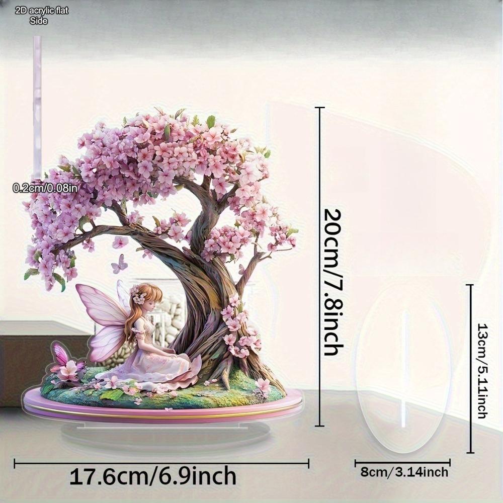 Wróżka Kwitnącej Wiśni Dekoracja Biurkowa - Elegancka Różowa Wróżka na Gałęzi Pełnej Kwiatów Wiśni, Odpowiednia na Wielkanoc, St. Dzień Świętego Patryka, Walentynki