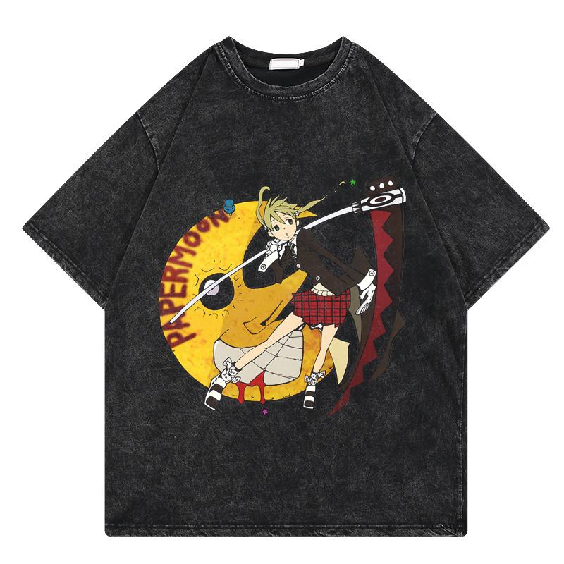 Anime Soul Eater Shirt Herren Atmungsaktiv Druck Polyester Kurzarm Vintage Gewaschenes T-Shirt Mode Harajuku Locker Y2k T-Shirts Oberteile