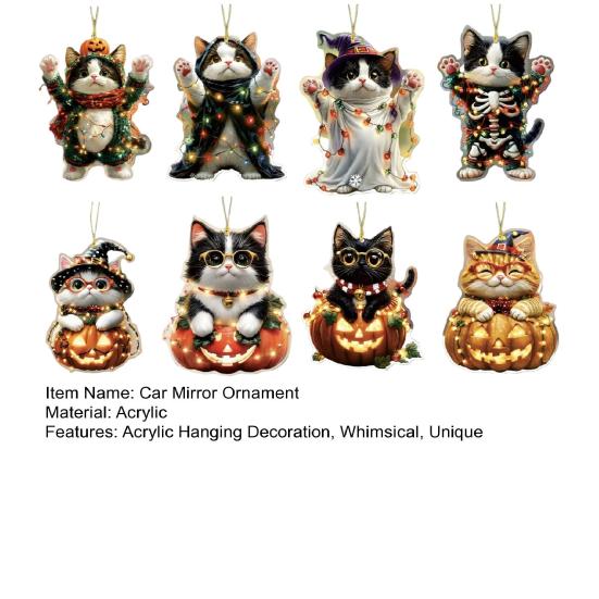 Car Halloween Rearview Mirror Hanging Pendant Cartoon Skull Cat Auto Interior Accessory 2D Flat Acrylic Hanging Charm for Car Backpack