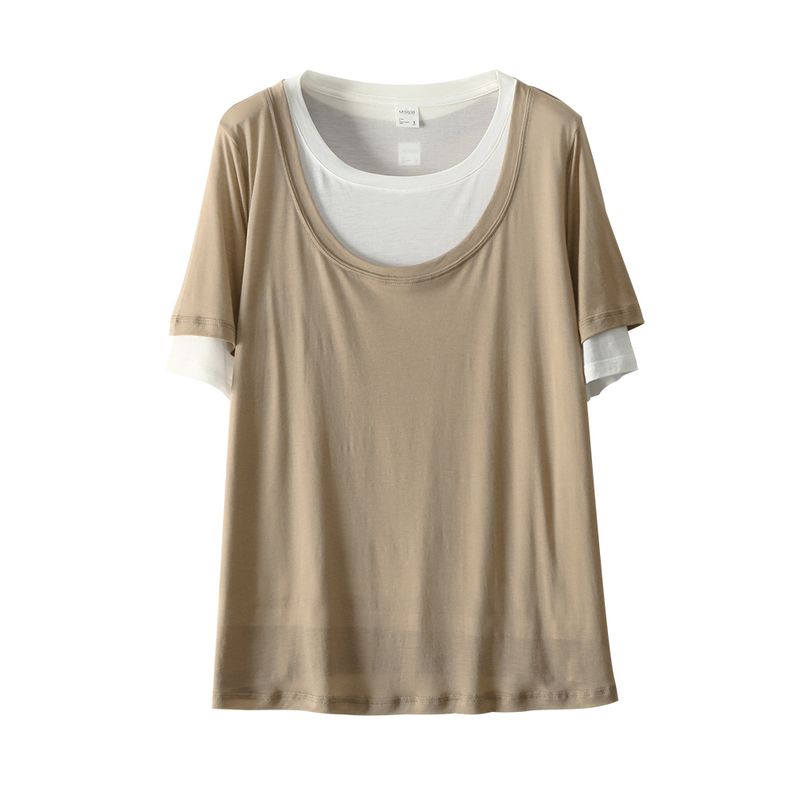 Plus size women clothing [Lyocell Stacked T] Double-Layer Contrast Color round Neck Loose Summer Short sleeve 100.00kg Belly Covering T-shirt