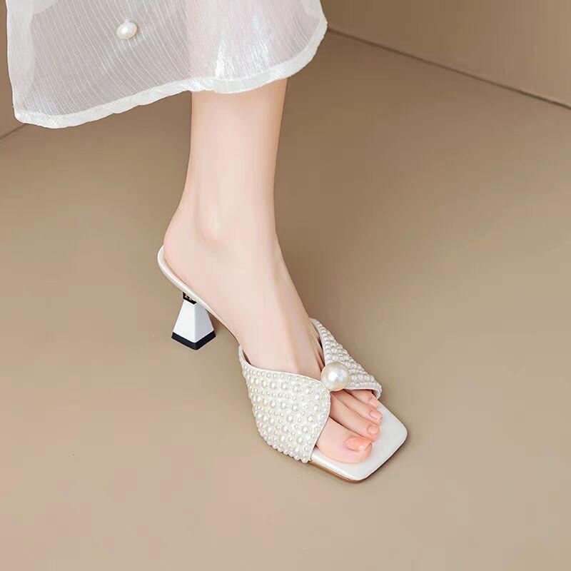 Fashion Half Slippers for Women's Outward Wear 2025 Summer New Fashion and Versatile Pearl Temperament Mid-stiletto Open-toe Cool Drag