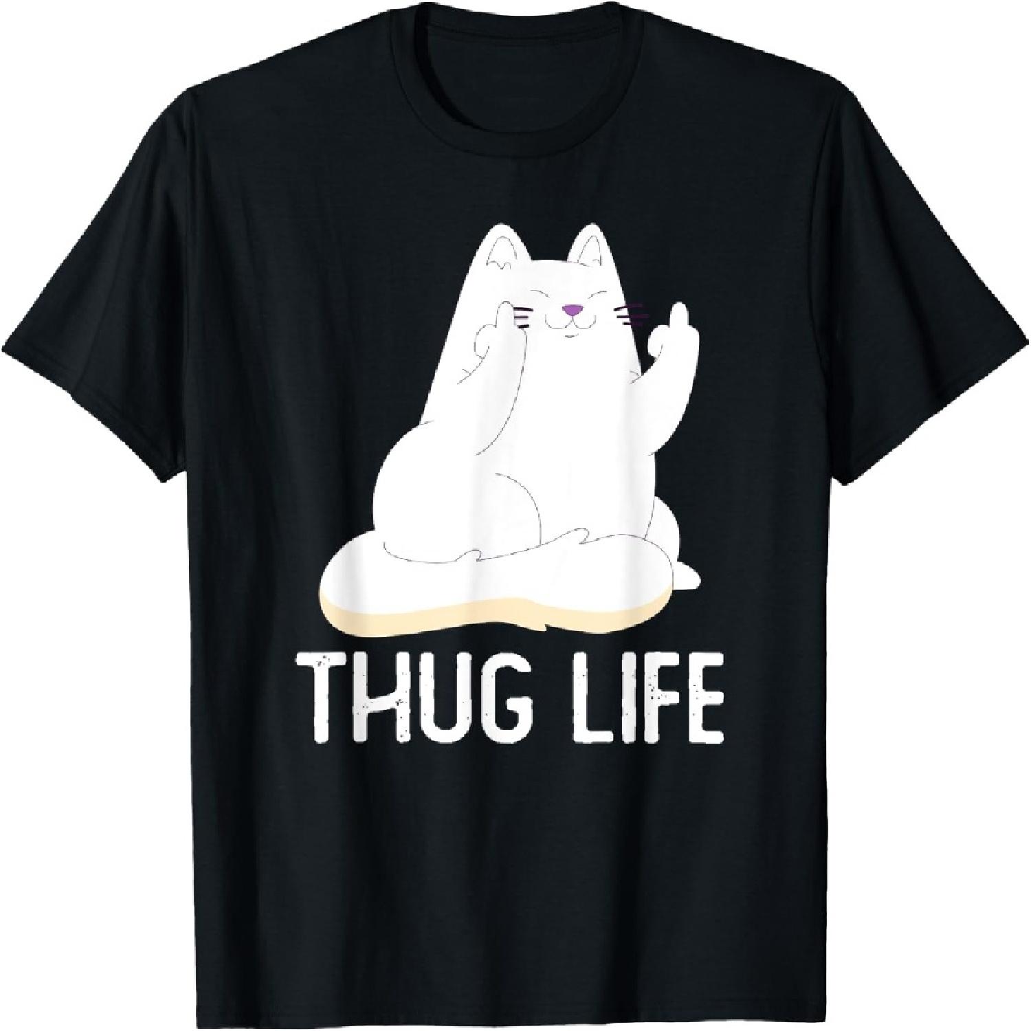 Crazy Rude Cat Thug Life with Middle Finger T-Shirt for Men Women S