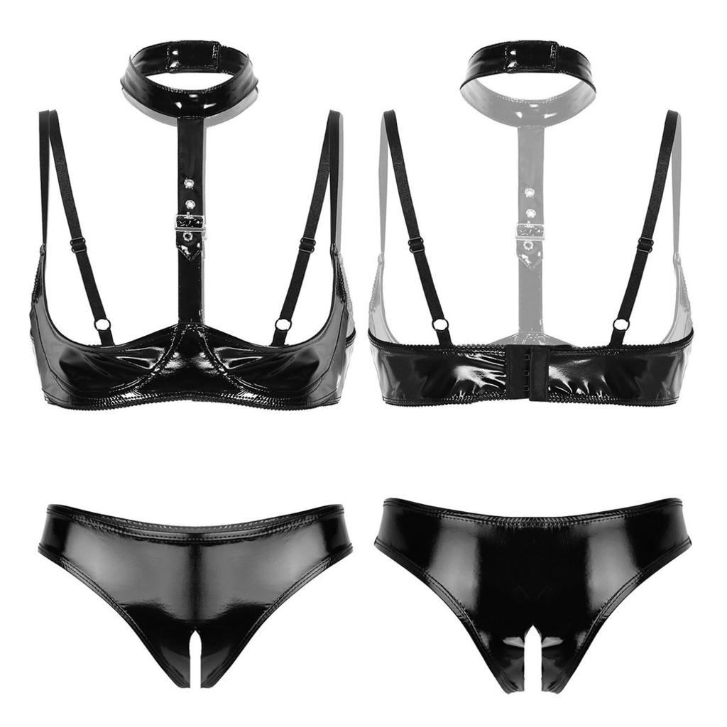 Women's Fashion Lingerie Set Patent Leather Wire-free Bra Top with High Cut Briefs Underwear Honeymoon Costume