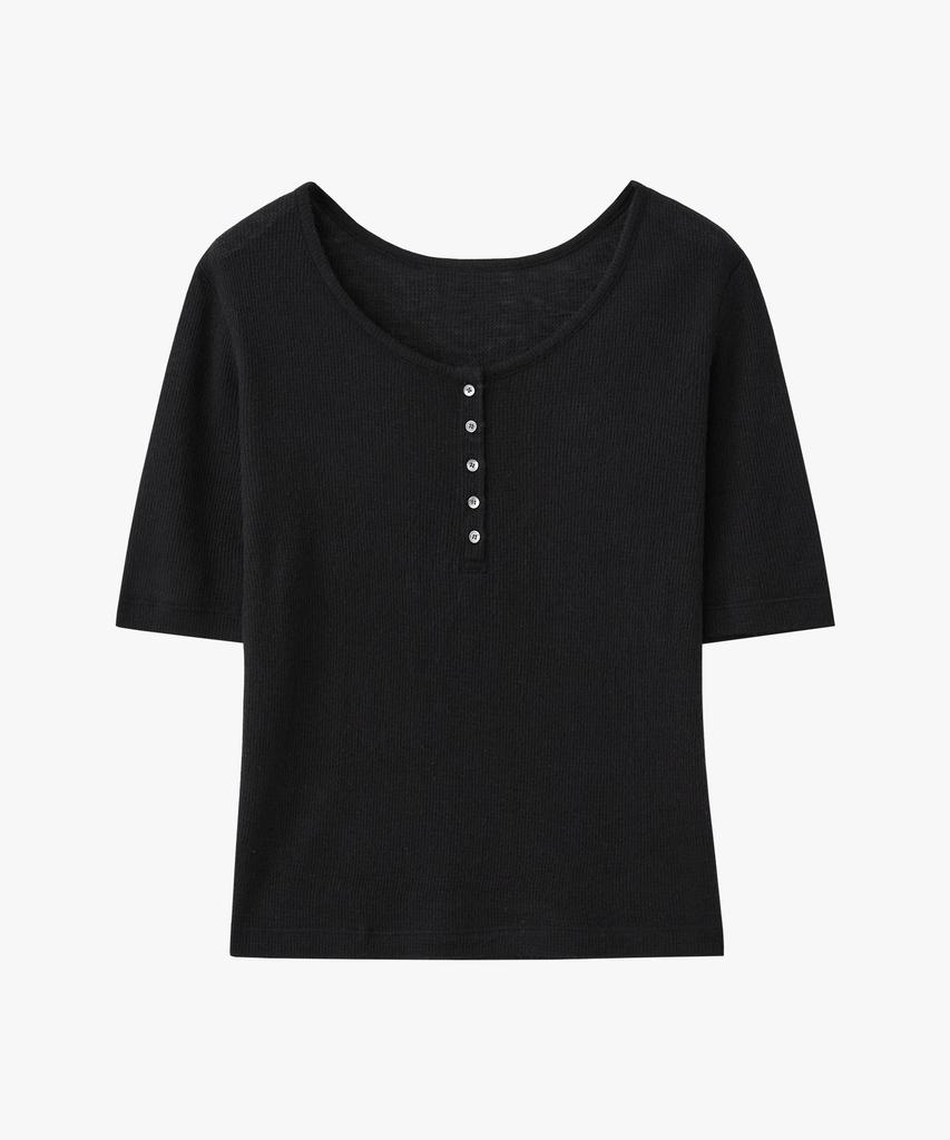 SUARE WOMEN Wool Waffle Two-Way Half Sleeve Black