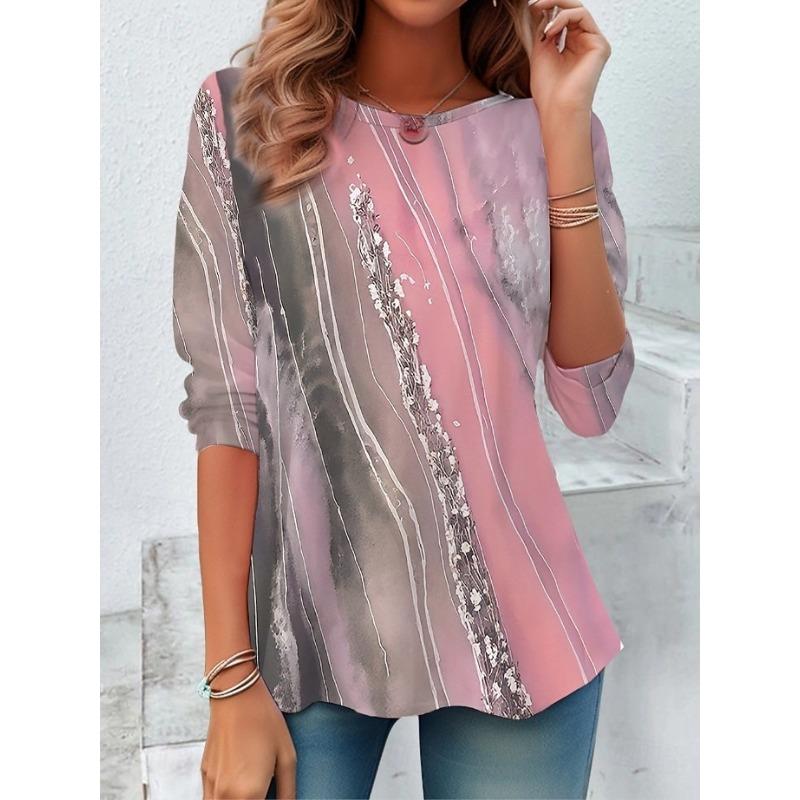 

Easter Women s T shirt Crew Neck Long Sleeve Tunic Graphic Striped Plants Vintage Stylish Classic Round Neck Regular Tops S