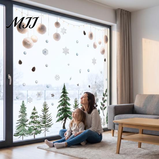 Easy Clean Wall Decals for Bedroom Christmas Tree Window Clings, Green Pine Trees Snowflake Decals, Winter Decorative Adhesive Free Film Reusable PVC
