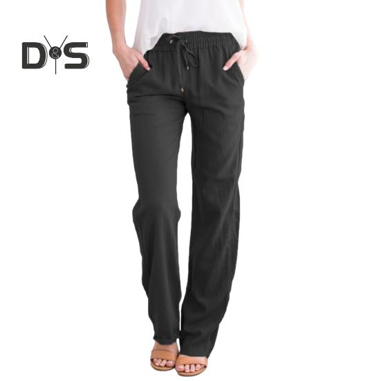 Damen Freizeithose, elastischer Kordelzug in der Taille, lange Hose mit Taschen, einfarbig, lockere Passform, Hose mit weitem Bein