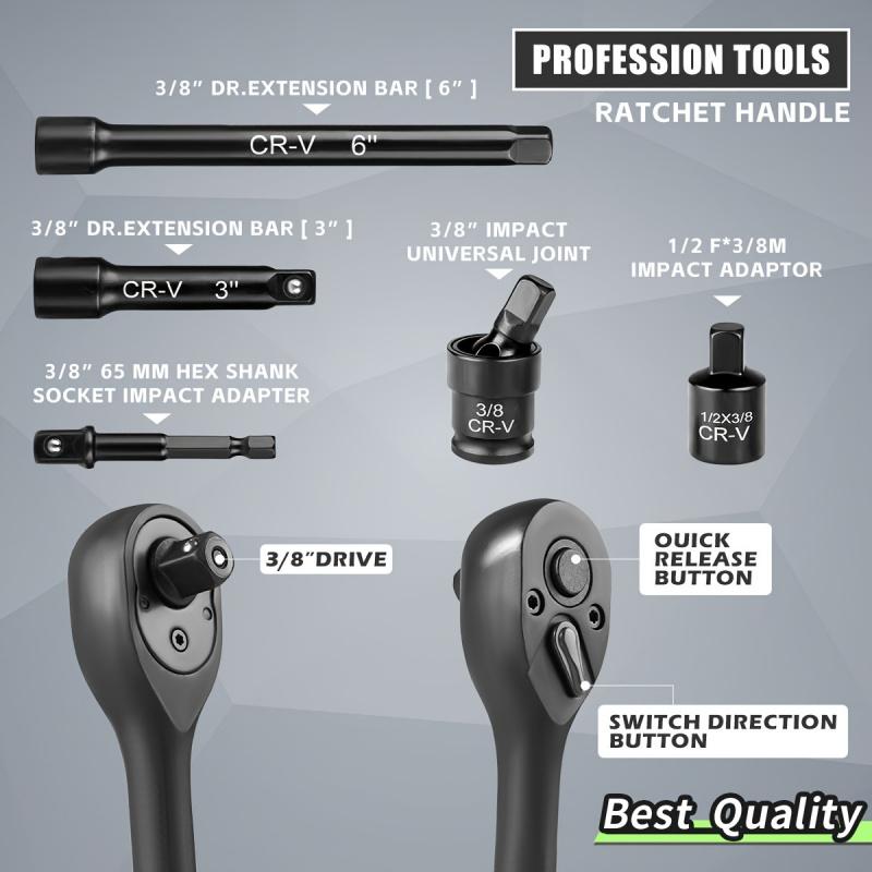 50-Piece 3/8-Inch Drive Impact Socket Set - High-Torque, 6-Point Metric (8-22mm) & SAE (5/16-3/4-Inch) Sockets, Durable Chromium