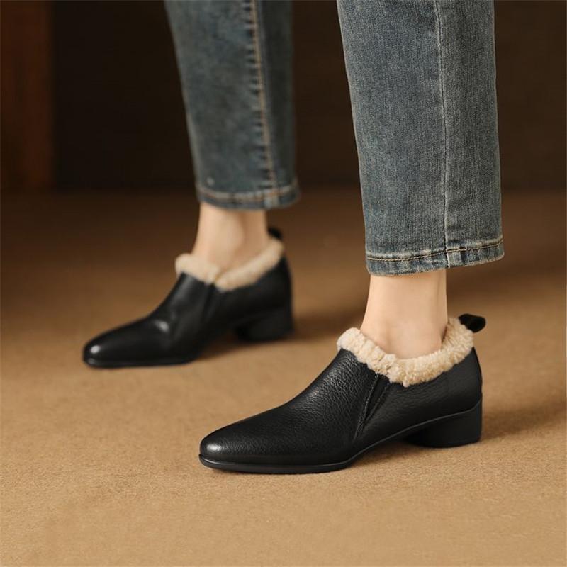 Mode Neue Herbst Winter Echtes Leder Damen Pumps Schuhe für Damen Mode Runde Zehen Warme Fellschuhe Zaptos Mujer Woll-Slipper Damen