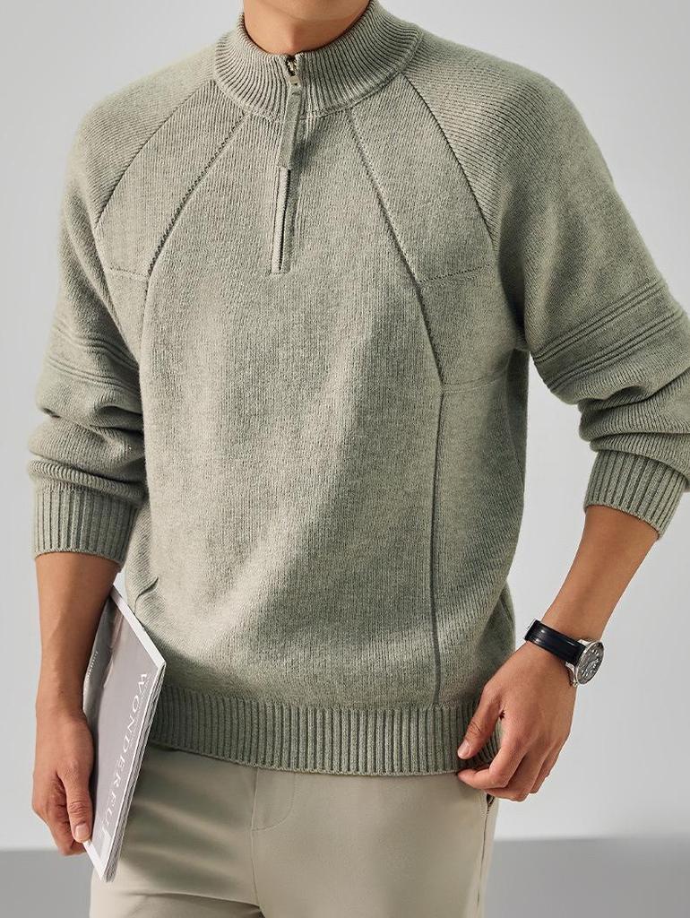 Men's Retro Jacquard Half-Zip Knit Sweater - Solid Color, Versatile, High Weight Layer for Autumn & Winter Casual Wear