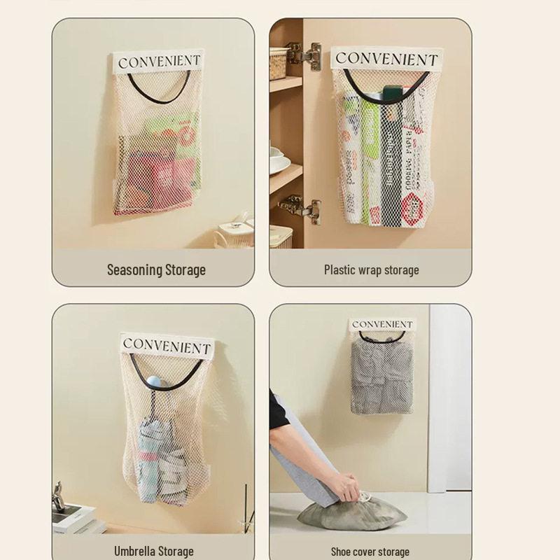 Cream-Colored Wall-Mounted Mesh Bag: Large Capacity Kitchen Storage with Velcro.