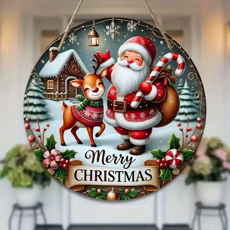 Santa Claus Christmas Wreath Wooden Hanging Sign for Wall, Door, or Window Décor