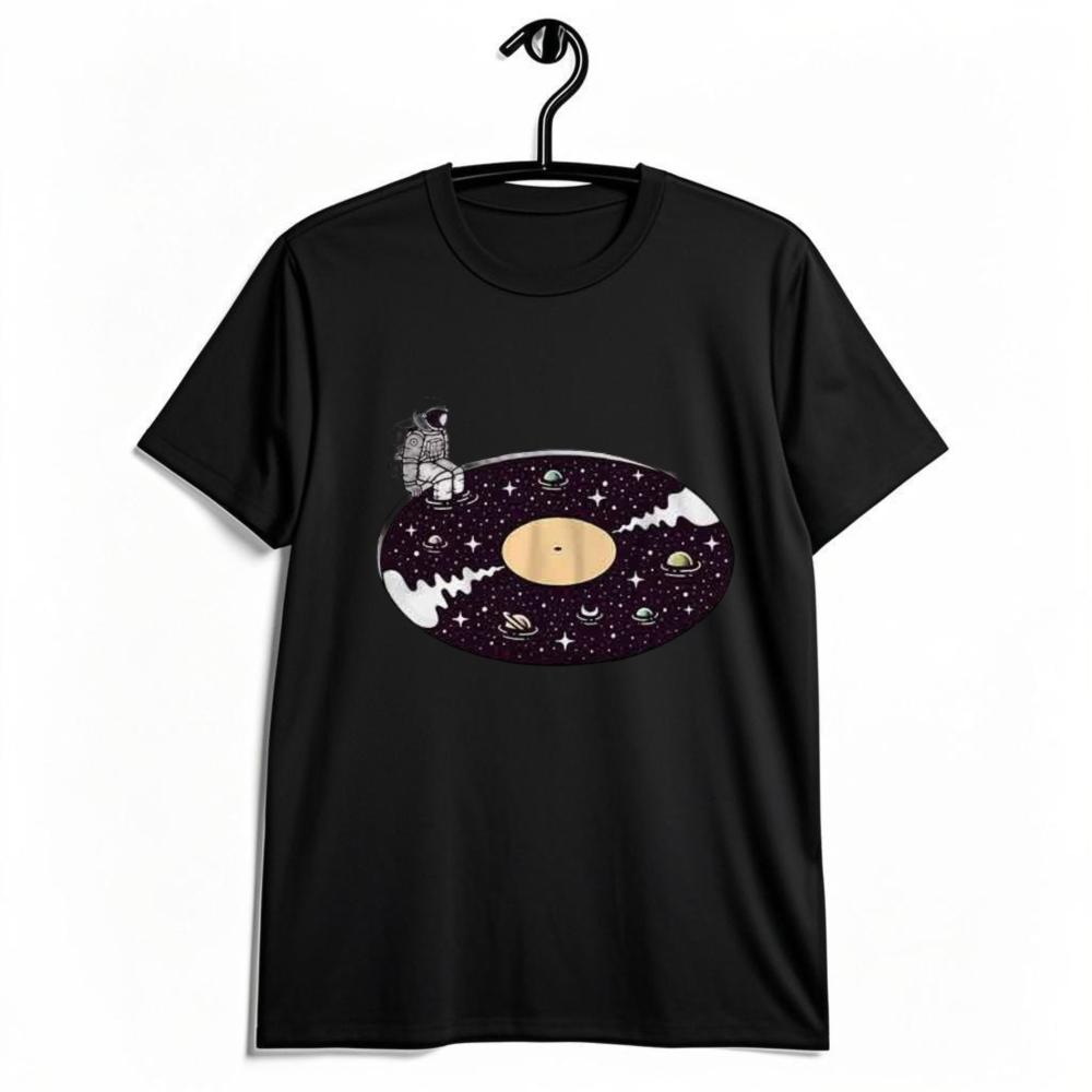Astronaut On Space Vinyl Record Graphic TShirt Retro Astronaut Galaxy Vinyl Record Print Shirt Unisex Crewneck Cotton Short Sleeve