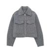 Women Fashion with Pockets Grey Front Zipper Jackets Vintage Lapel Neck Long Sleeves Female Chic Lady Outfits