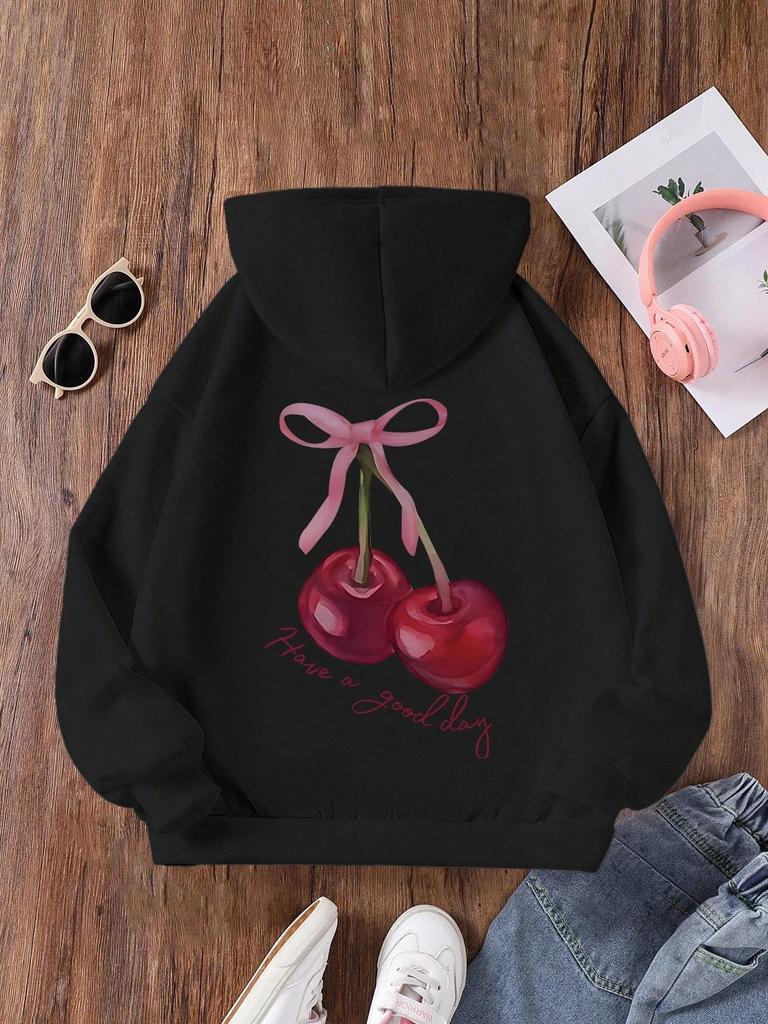 Felpa Casual Moda Bambini Autunno/Inverno Colore Unito Carino Fiocco Motivo Ciliegie Stampa Lettere, Adatta per Attività all'Aperto