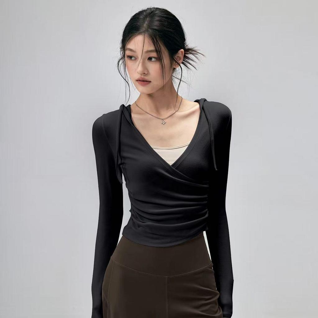 Women's Hooded Long Sleeve Yoga Top - Slimming, Breathable, Waist-Cinching Sports Cover-Up for Pilates Training, Autumn Comfort.
