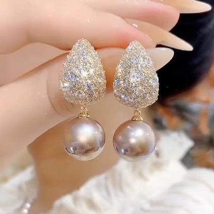New Imitation Pearl Earrings Women's Light Luxury Full of Diamonds Temperament Versatile Earrings, High-end Exquisite Earrings